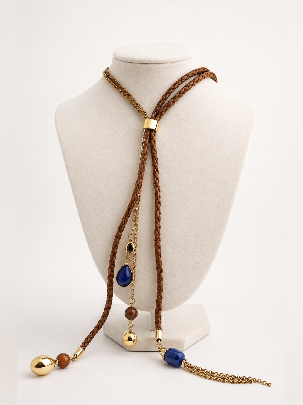 Massimo Dutti Braided Brown Leather Necklace with Gold Hardware and Blue Stones
